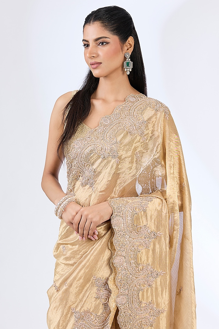 Gold Tissue Hand & Machine Embroidered Reception Saree Set by Kalighata at Pernia's Pop Up Shop