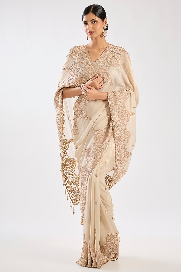 Golden Tissue Hand & Machine Embroidered Bridal Saree by Kalighata at Pernia's Pop Up Shop