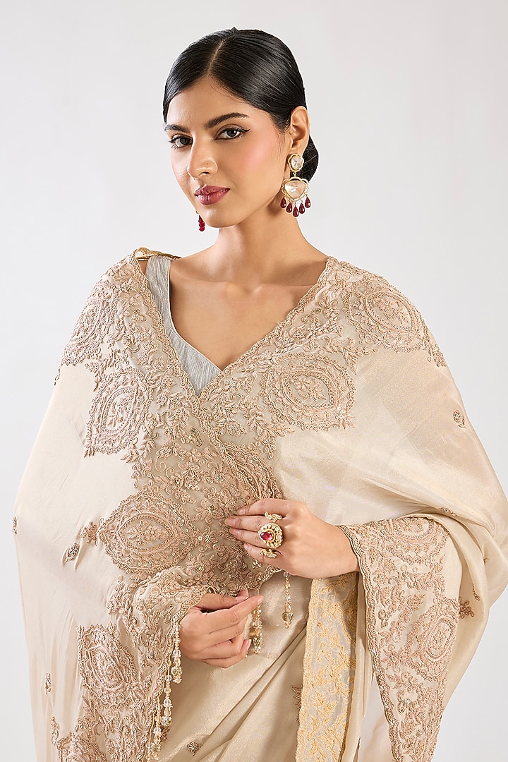 Golden Tissue Hand & Machine Embroidered Bridal Saree by Kalighata at Pernia's Pop Up Shop