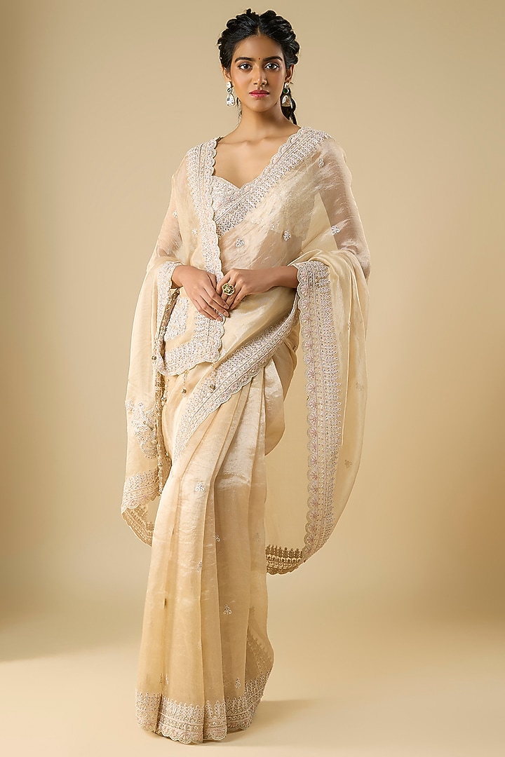 Golden Tissue Hand & Machine Embroidered Reception Saree Set by Kalighata at Pernia's Pop Up Shop