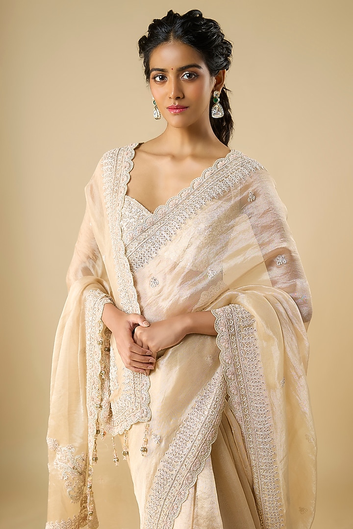 Golden Tissue Hand & Machine Embroidered Reception Saree Set by Kalighata at Pernia's Pop Up Shop