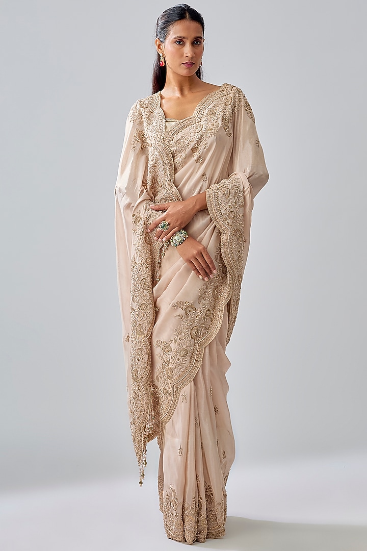 Gold Tissue Hand & Machine Embroidered Reception Saree Set by Kalighata at Pernia's Pop Up Shop