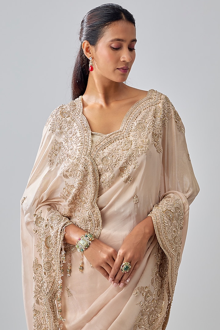 Gold Tissue Hand & Machine Embroidered Reception Saree Set by Kalighata at Pernia's Pop Up Shop