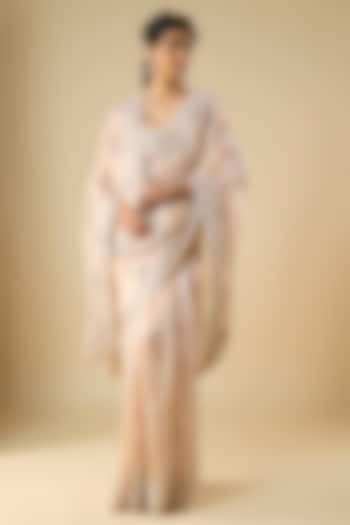 Pink Tissue Hand & Machine Embroidered Reception Saree Set by Kalighata at Pernia's Pop Up Shop