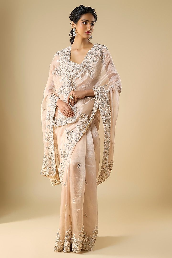 Pink Tissue Hand & Machine Embroidered Reception Saree Set by Kalighata at Pernia's Pop Up Shop