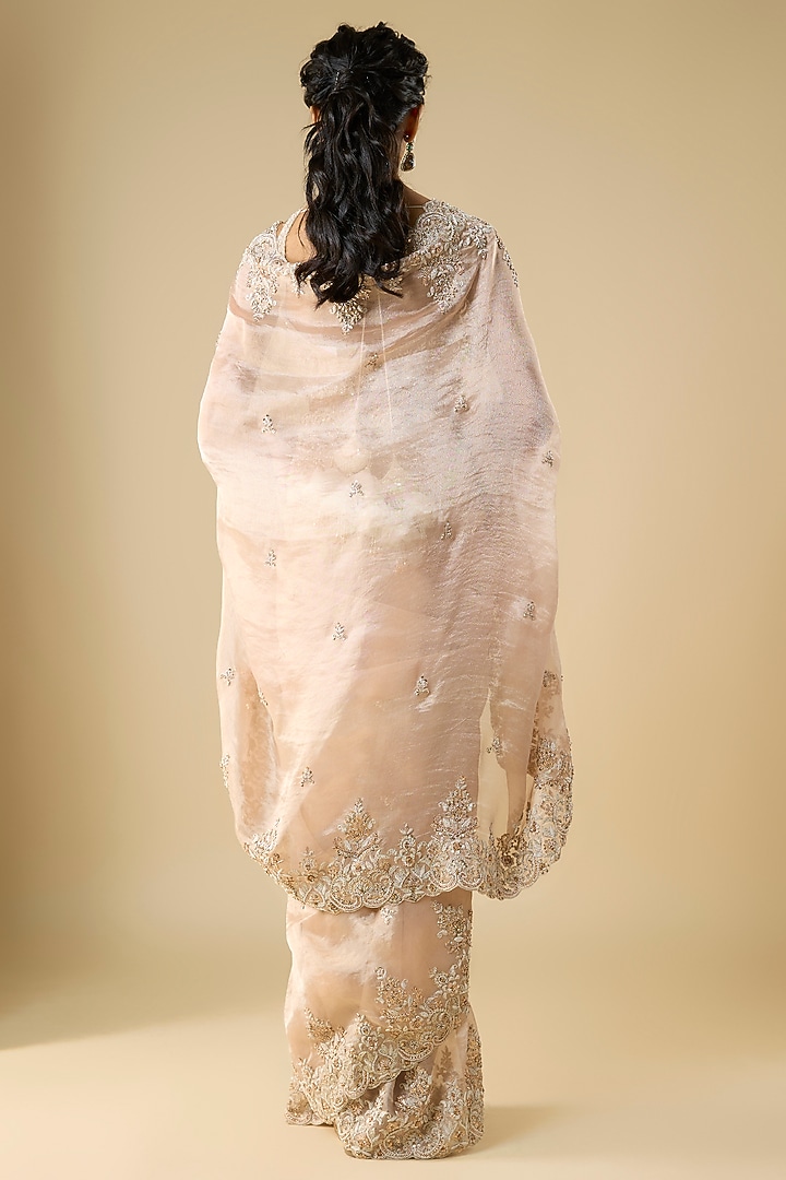 Pink Tissue Hand & Machine Embroidered Reception Saree Set by Kalighata at Pernia's Pop Up Shop