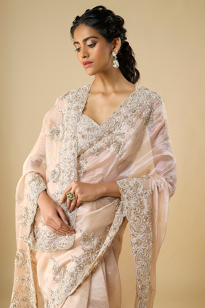 Pink Tissue Hand & Machine Embroidered Reception Saree Set by Kalighata at Pernia's Pop Up Shop