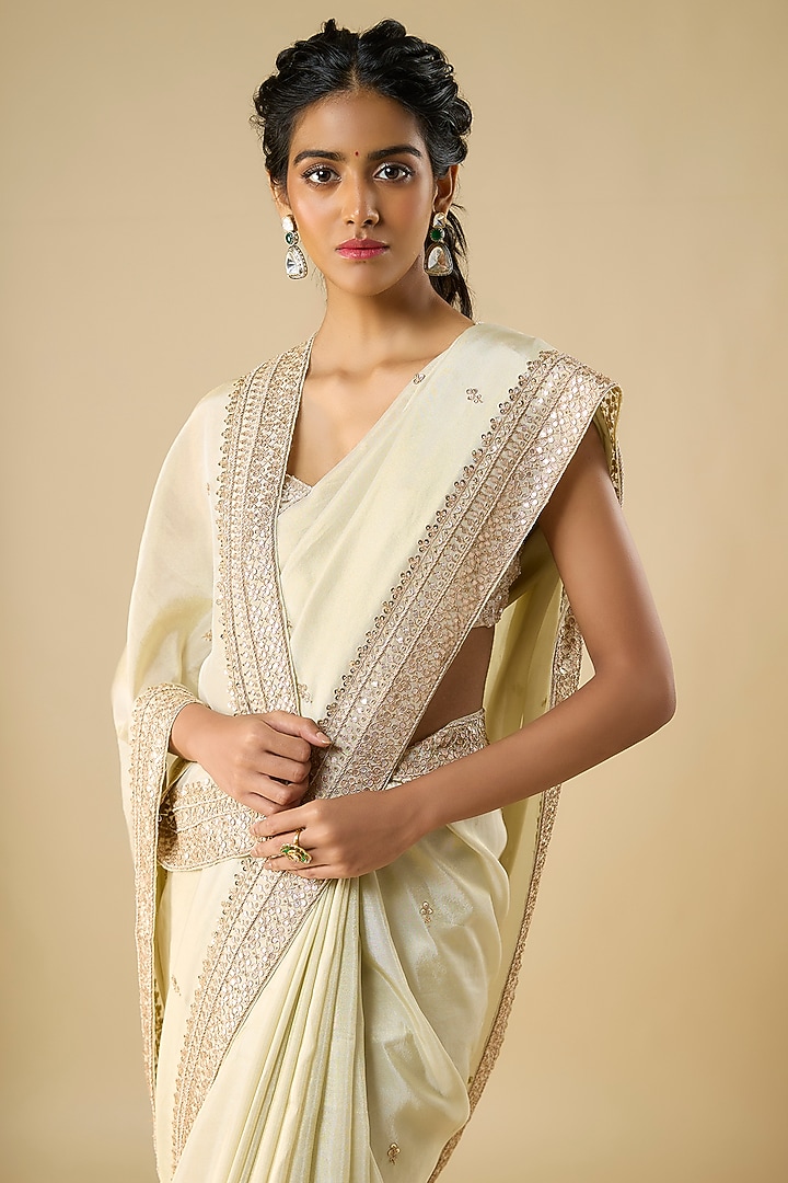 Mint Tissue Hand & Machine Embroidered Reception Saree by Kalighata at Pernia's Pop Up Shop