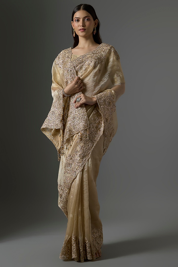 Golden Tissue Hand & Machine Embroidered Reception Saree by Kalighata at Pernia's Pop Up Shop
