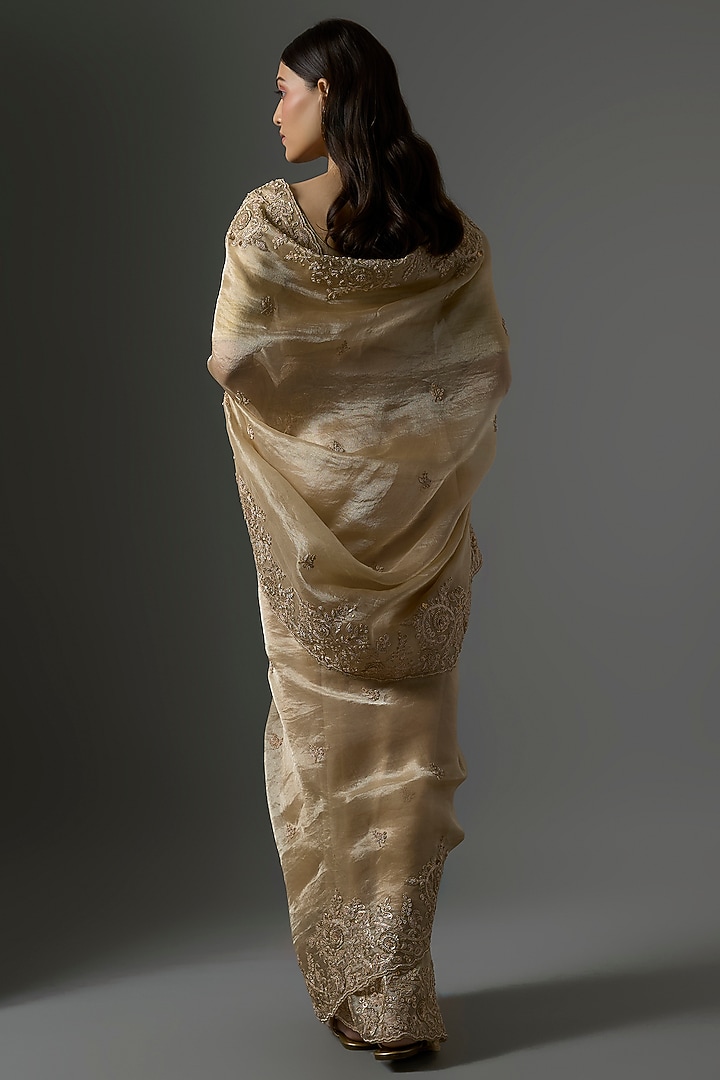 Golden Tissue Hand & Machine Embroidered Reception Saree by Kalighata at Pernia's Pop Up Shop