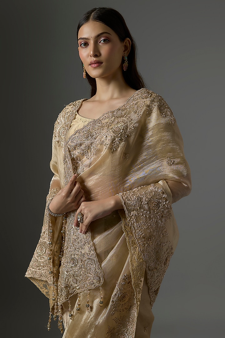 Golden Tissue Hand & Machine Embroidered Reception Saree by Kalighata at Pernia's Pop Up Shop