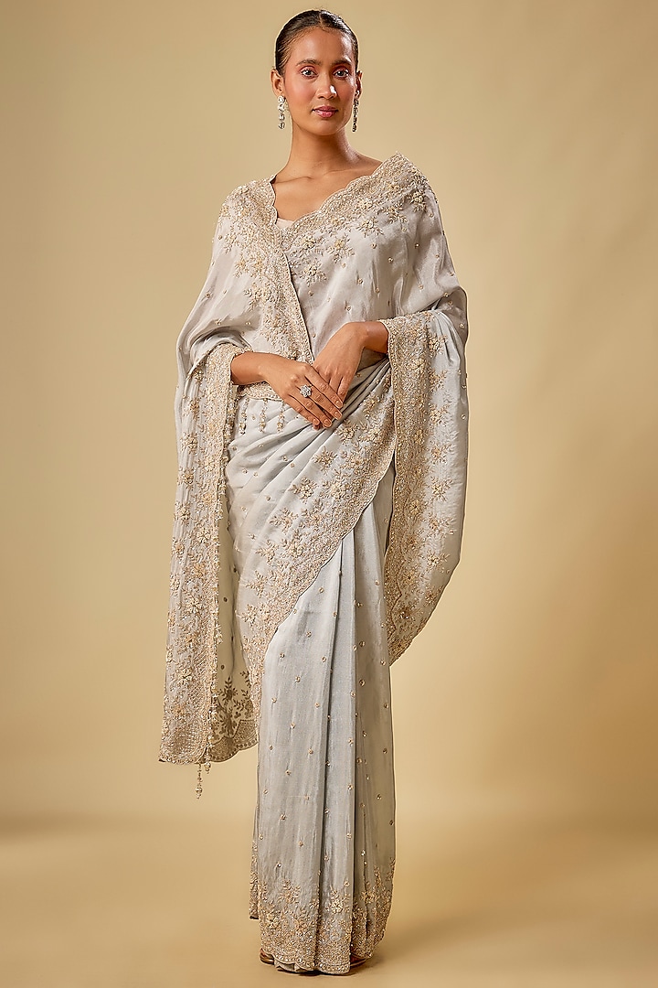 Silver Tissue Organza Sequin Embellished Reception Saree Set by Kalighata at Pernia's Pop Up Shop