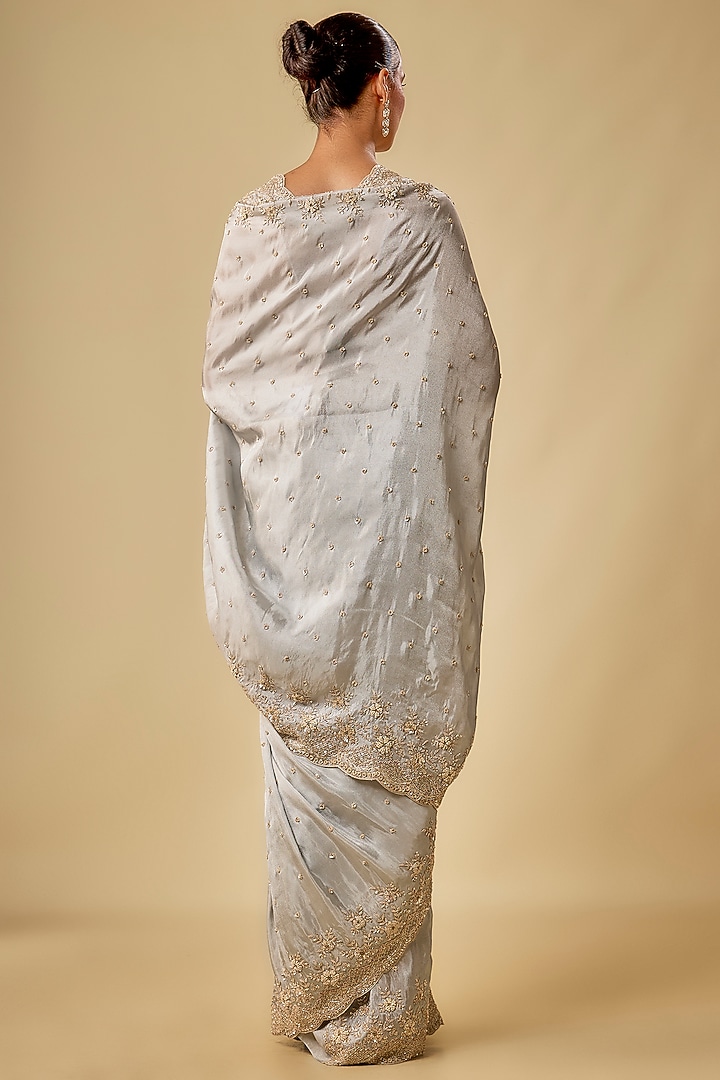 Silver Tissue Organza Sequin Embellished Reception Saree Set by Kalighata at Pernia's Pop Up Shop