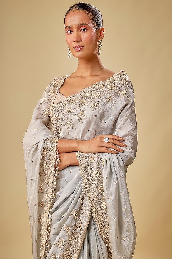Silver Tissue Organza Sequin Embellished Reception Saree Set by Kalighata at Pernia's Pop Up Shop