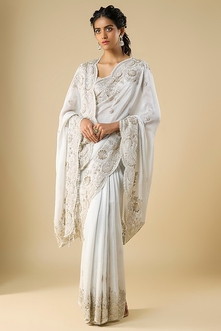White Tissue Hand & Machine Embroidered Reception Saree by Kalighata at Pernia's Pop Up Shop