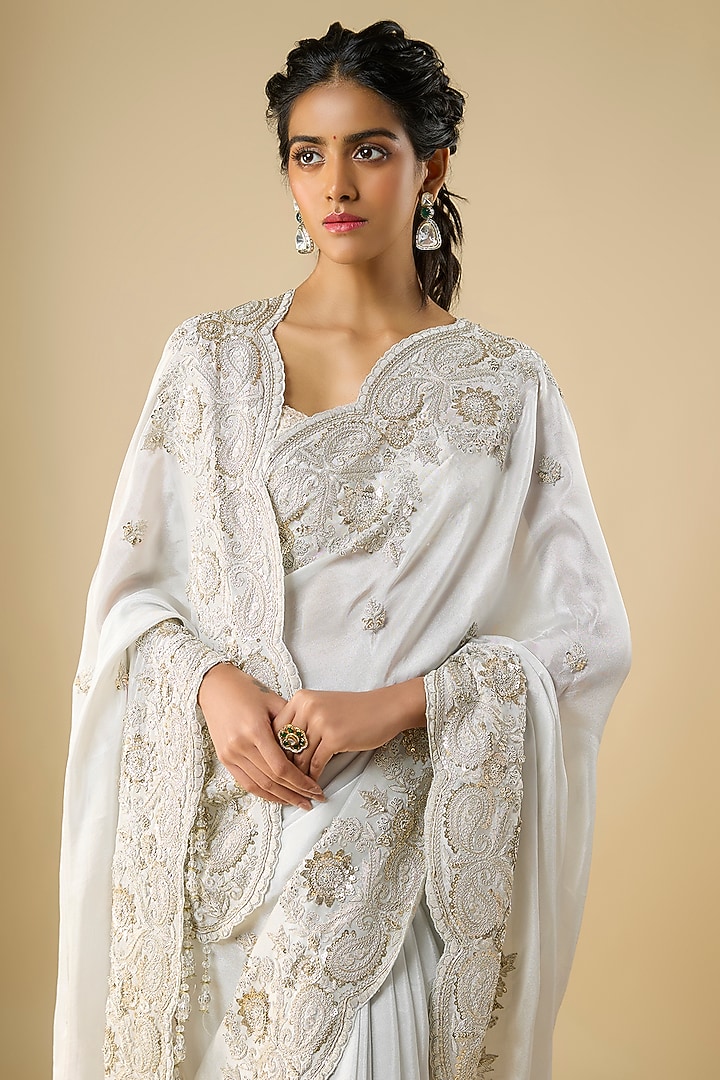 White Tissue Hand & Machine Embroidered Reception Saree by Kalighata at Pernia's Pop Up Shop