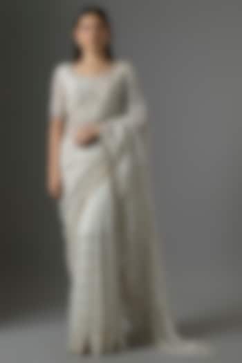 Ivory Tissue Embroidered Reception Saree Set by Kalighata at Pernia's Pop Up Shop