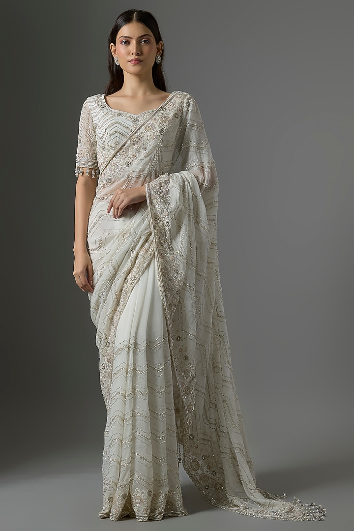 Ivory Tissue Embroidered Reception Saree Set by Kalighata at Pernia's Pop Up Shop
