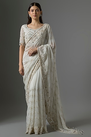 Ivory Tissue Embroidered Saree Set by Kalighata