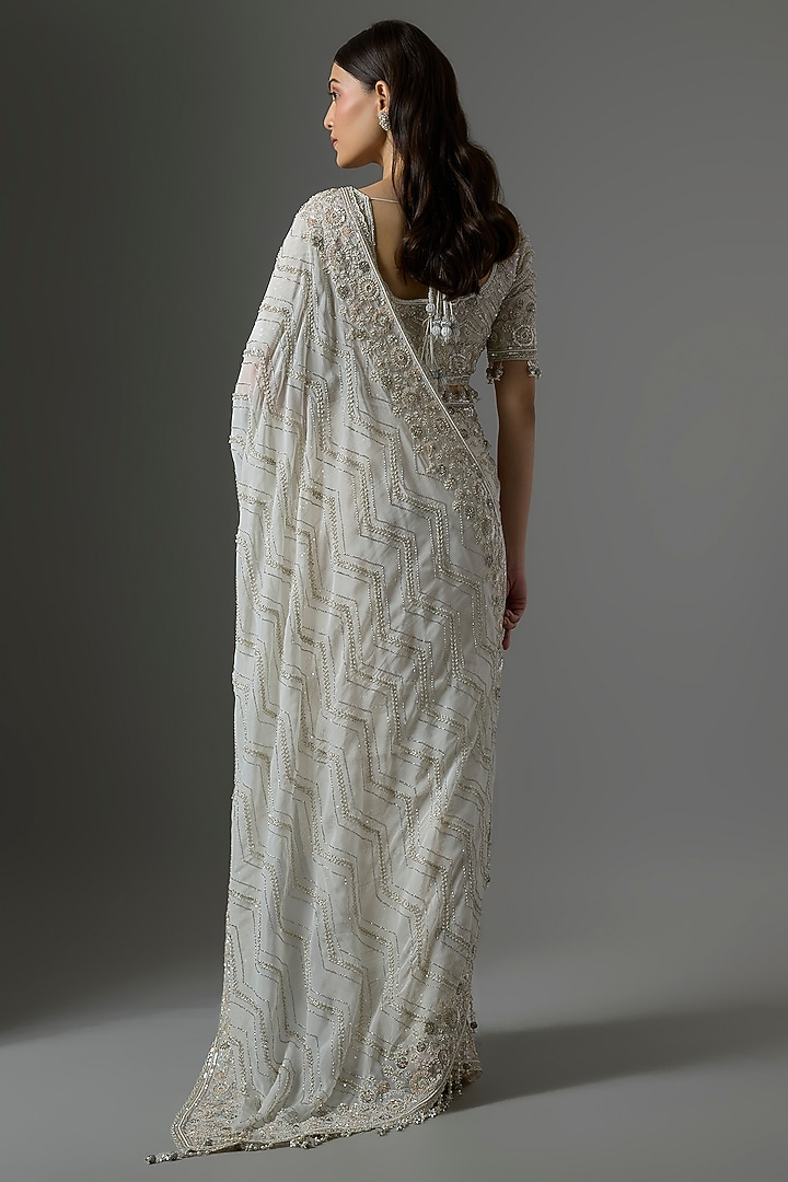 Ivory Tissue Embroidered Reception Saree Set by Kalighata at Pernia's Pop Up Shop