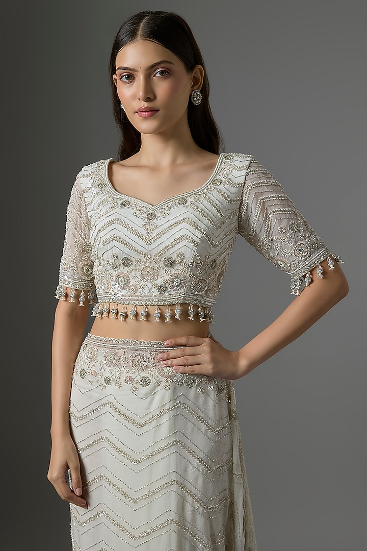 Ivory Tissue Embroidered Reception Saree Set by Kalighata at Pernia's Pop Up Shop