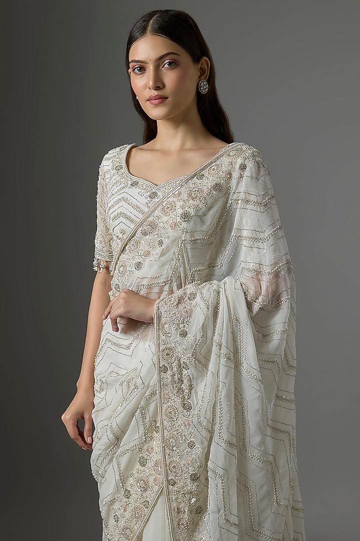 Ivory Tissue Embroidered Reception Saree Set by Kalighata at Pernia's Pop Up Shop