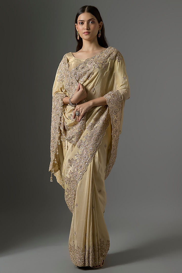 Golden Tissue Hand & Machine Embroidered Reception Saree by Kalighata at Pernia's Pop Up Shop