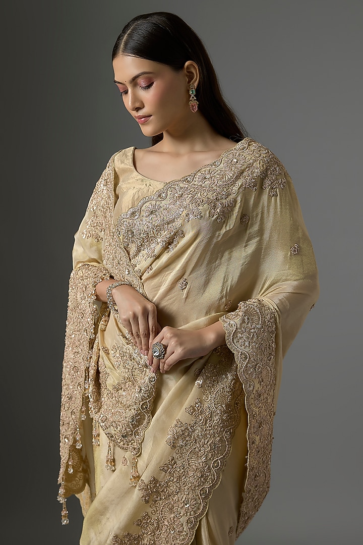 Golden Tissue Hand & Machine Embroidered Reception Saree by Kalighata at Pernia's Pop Up Shop