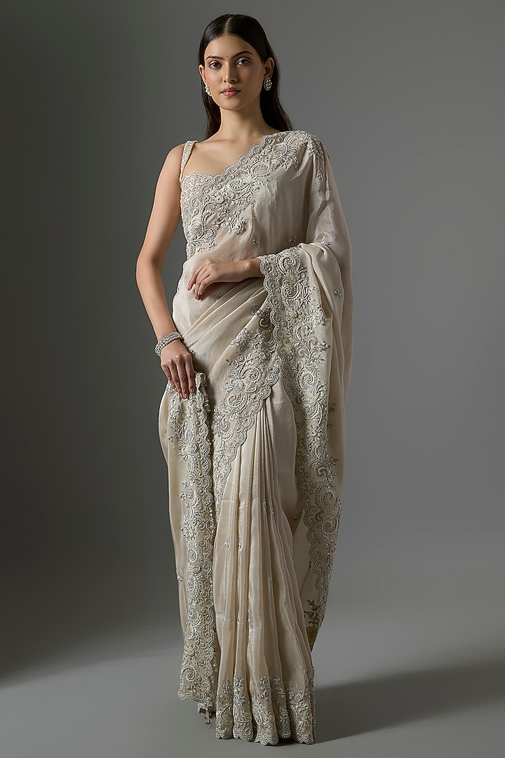 Grey Tissue Hand & Machine Embroidered Reception Saree by Kalighata at Pernia's Pop Up Shop
