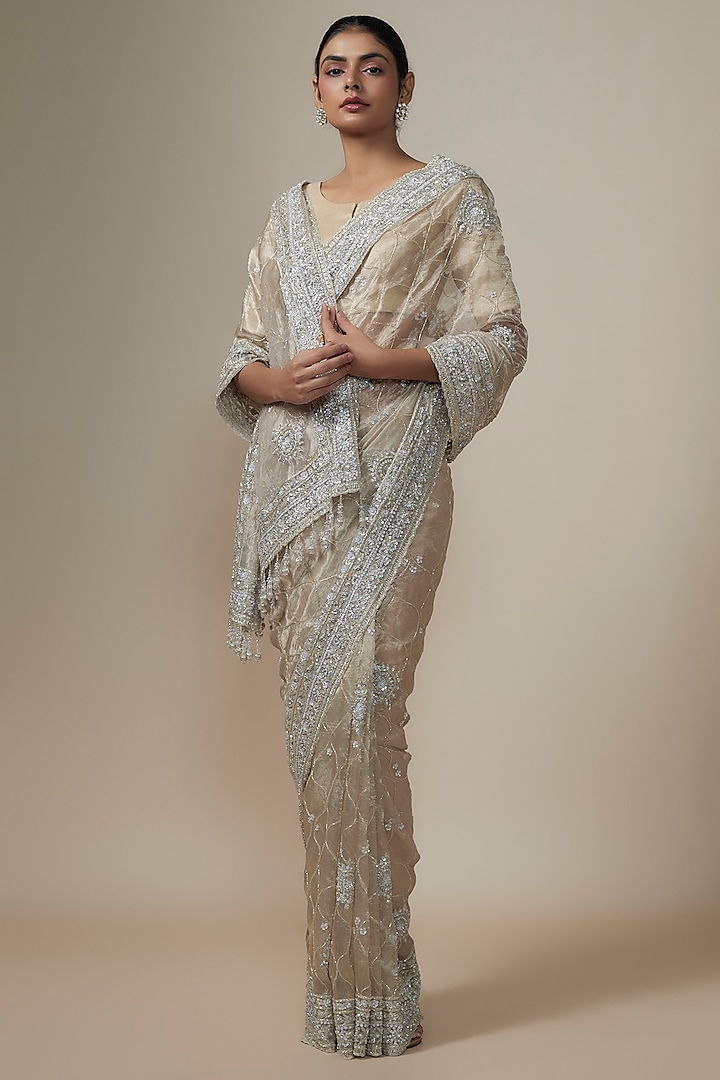 Cadmium Silver Organza Sequins Embroidered Saree Set by Kalighata at Pernia's Pop Up Shop