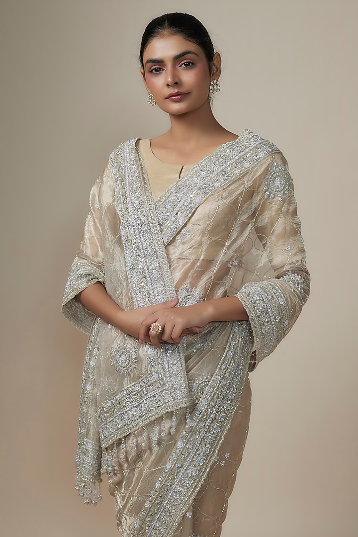 Cadmium Silver Organza Sequins Embroidered Reception Saree Set by Kalighata at Pernia's Pop Up Shop
