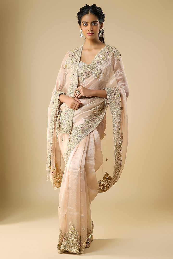 Peach Tissue Hand & Machine Embroidered Bridal Saree by Kalighata at Pernia's Pop Up Shop