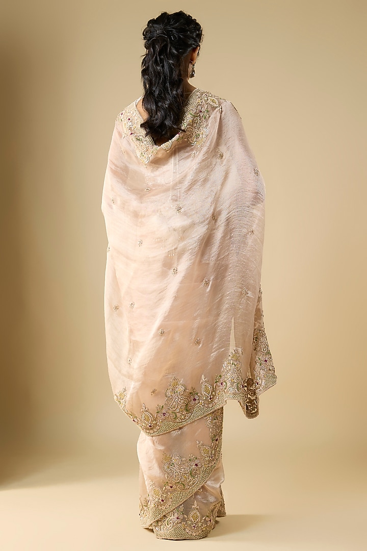 Peach Tissue Hand & Machine Embroidered Bridal Saree by Kalighata at Pernia's Pop Up Shop
