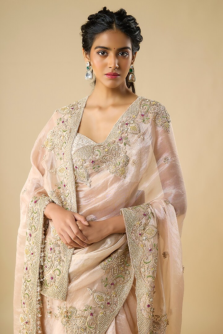 Peach Tissue Hand & Machine Embroidered Bridal Saree by Kalighata at Pernia's Pop Up Shop