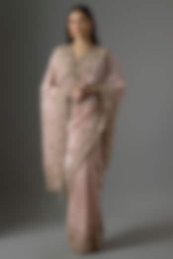 Grey Tissue Hand & Machine Embroidered Bridal Saree Set by Kalighata at Pernia's Pop Up Shop