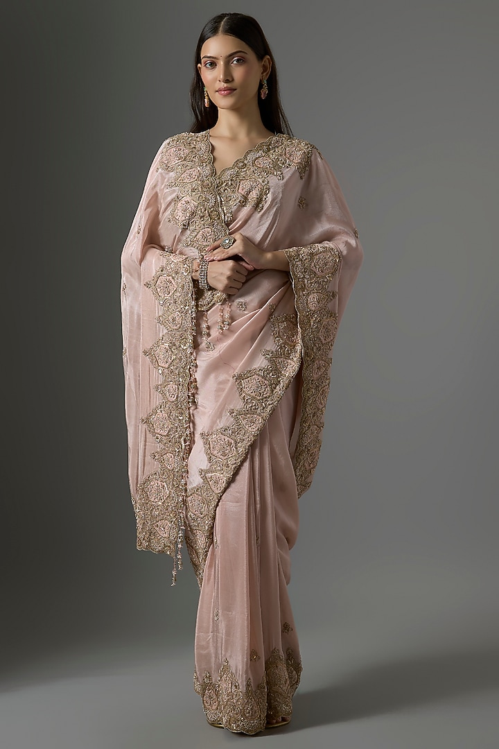 Grey Tissue Hand & Machine Embroidered Bridal Saree Set by Kalighata at Pernia's Pop Up Shop