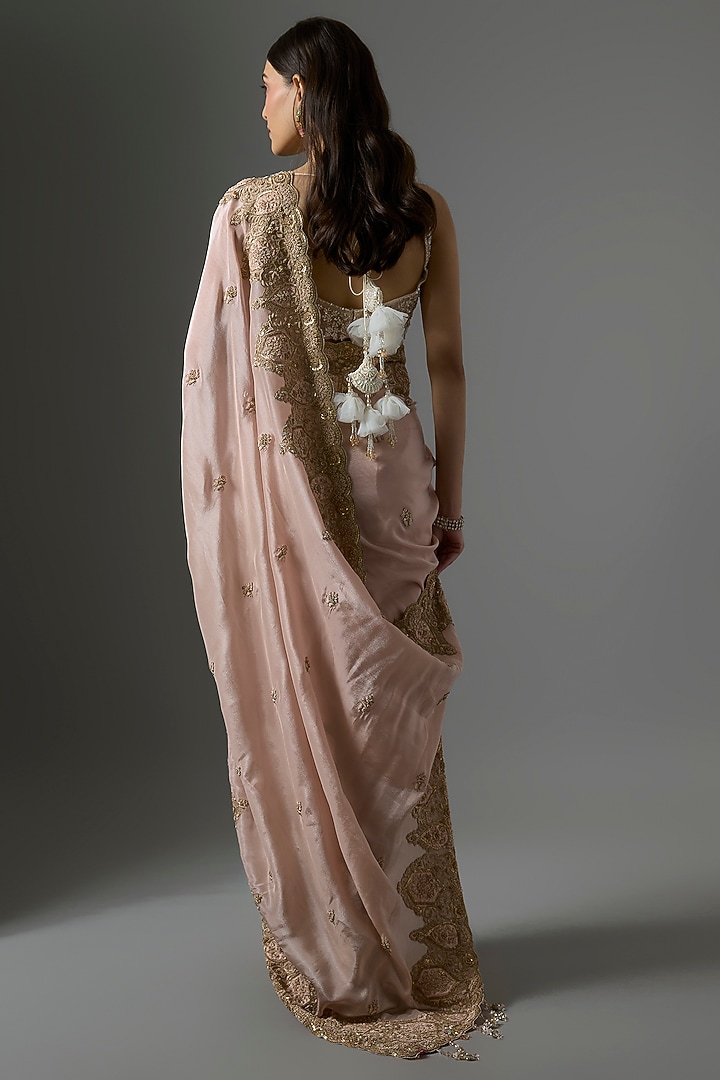 Grey Tissue Hand & Machine Embroidered Bridal Saree Set by Kalighata at Pernia's Pop Up Shop