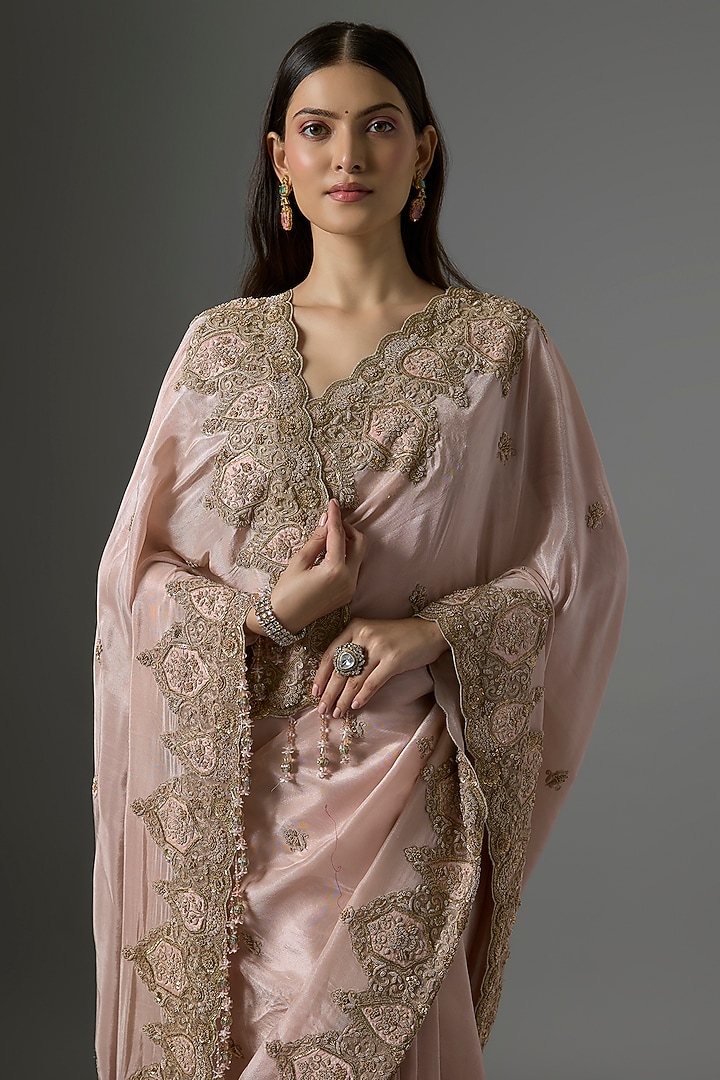 Grey Tissue Hand & Machine Embroidered Bridal Saree Set by Kalighata at Pernia's Pop Up Shop