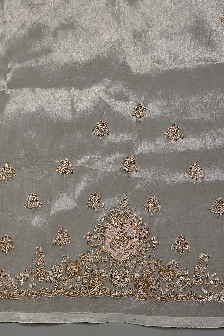 Grey Tissue Hand & Machine Embroidered Bridal Saree Set by Kalighata at Pernia's Pop Up Shop