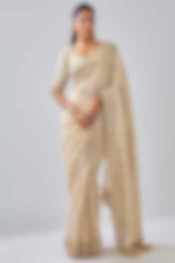 Gold Tissue Hand & Machine Embroidered Reception Saree Set by Kalighata at Pernia's Pop Up Shop