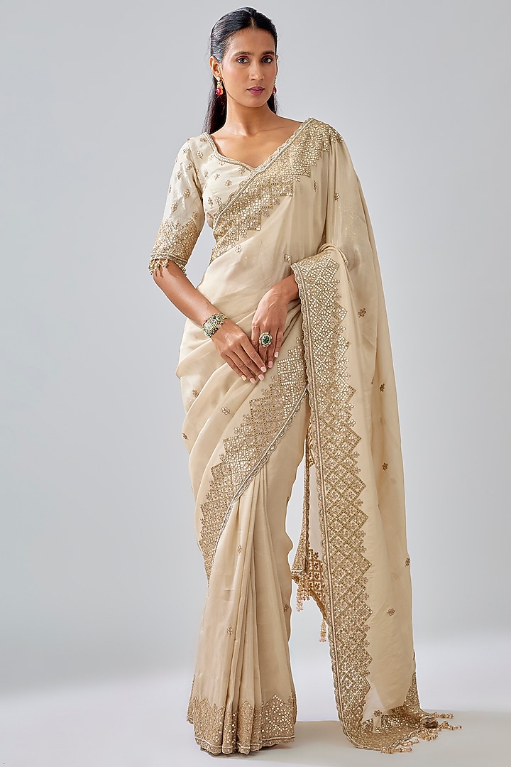 Gold Tissue Hand & Machine Embroidered Reception Saree Set by Kalighata at Pernia's Pop Up Shop