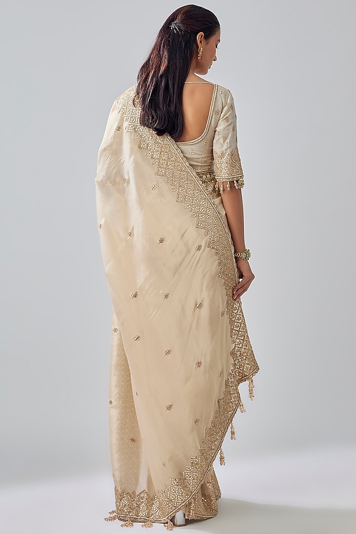 Gold Tissue Hand & Machine Embroidered Reception Saree Set by Kalighata at Pernia's Pop Up Shop