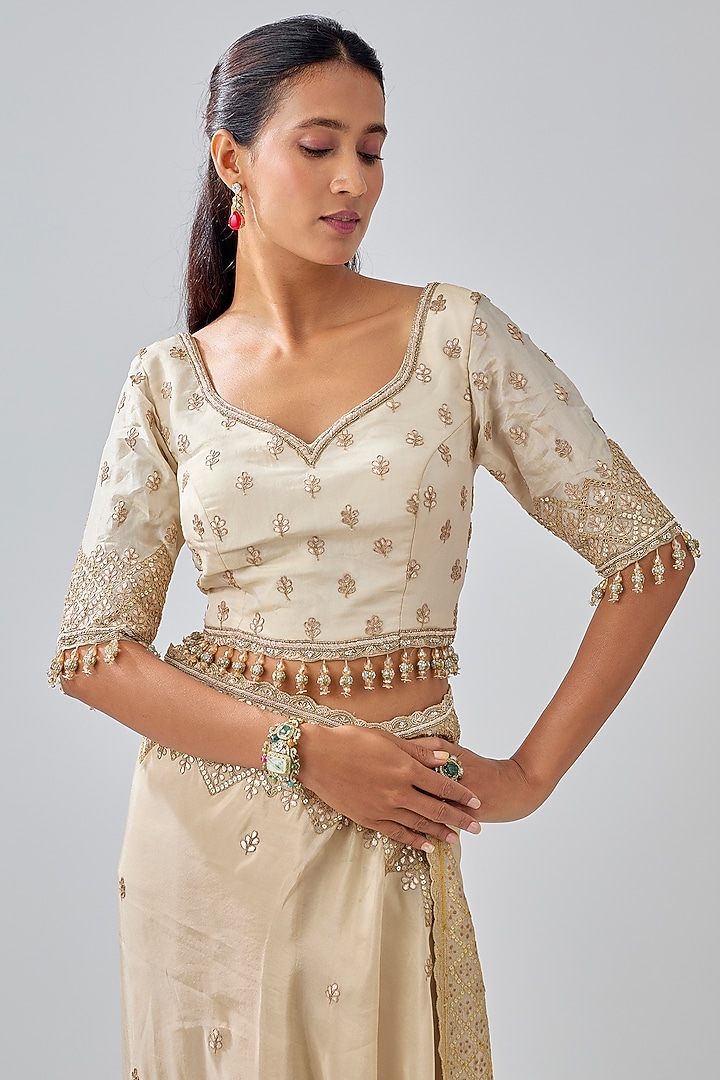 Gold Tissue Hand & Machine Embroidered Reception Saree Set by Kalighata at Pernia's Pop Up Shop