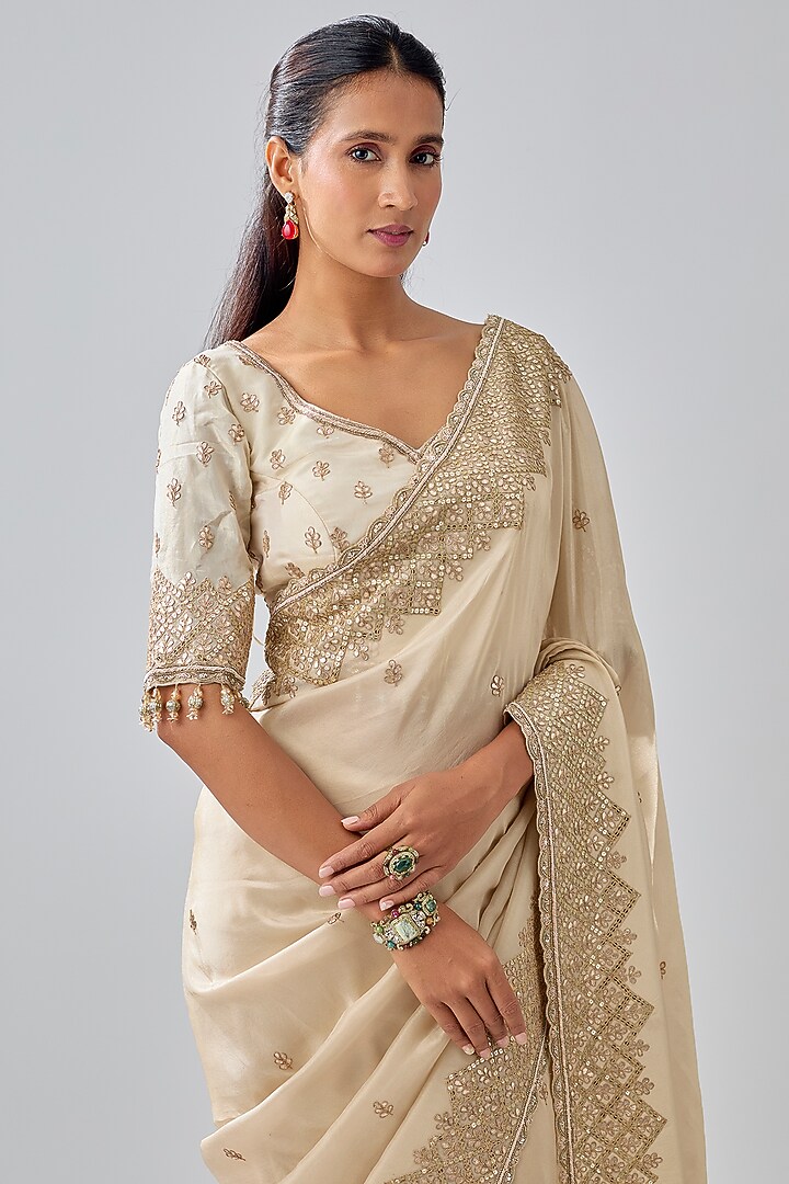 Gold Tissue Hand & Machine Embroidered Reception Saree Set by Kalighata at Pernia's Pop Up Shop