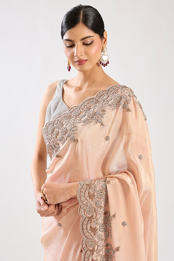 Peach Tissue Hand & Machine Embroidered Reception Saree by Kalighata at Pernia's Pop Up Shop