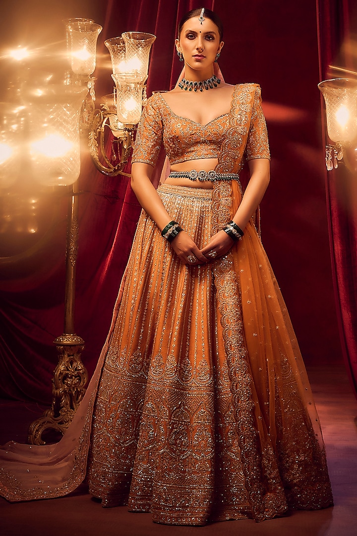 Rust Raw Silk Hand & Machine Embroidered Bridal Lehenga Set by Kalighata at Pernia's Pop Up Shop