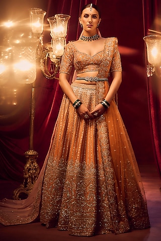 Rust Raw Silk Hand & Machine Embroidered Lehenga Set by Kalighata