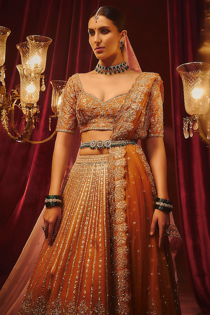 Rust Raw Silk Hand & Machine Embroidered Bridal Lehenga Set by Kalighata at Pernia's Pop Up Shop
