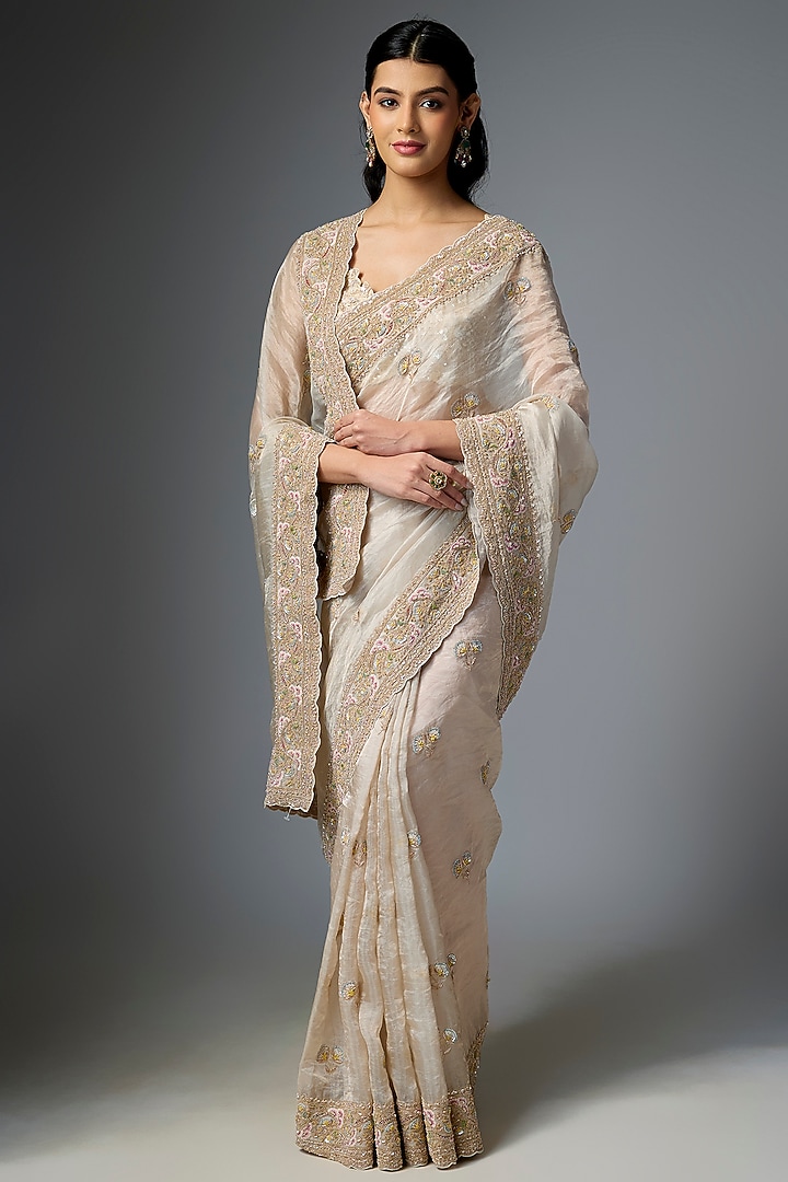 Grey Tissue Embroidered Reception Saree Set by Kalighata at Pernia's Pop Up Shop