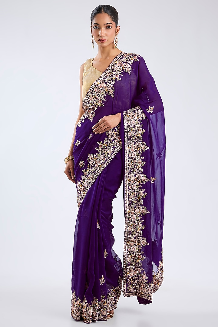 Purple Organza Embroidered Reception Saree Set by Kalighata at Pernia's Pop Up Shop